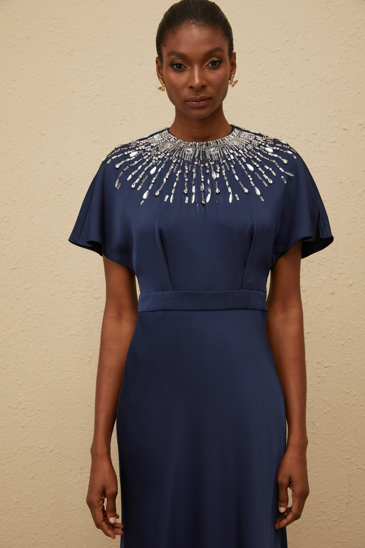 Aurohaya Ombrage Blue Embellished Satin Maxi Dress