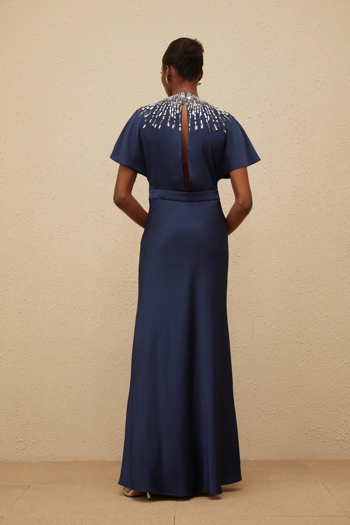 Aurohaya Ombrage Blue Embellished Satin Maxi Dress