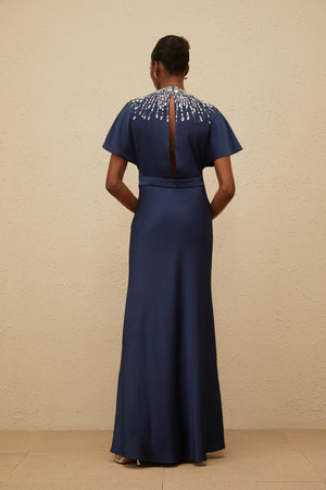 Aurohaya Ombrage Blue Embellished Satin Maxi Dress