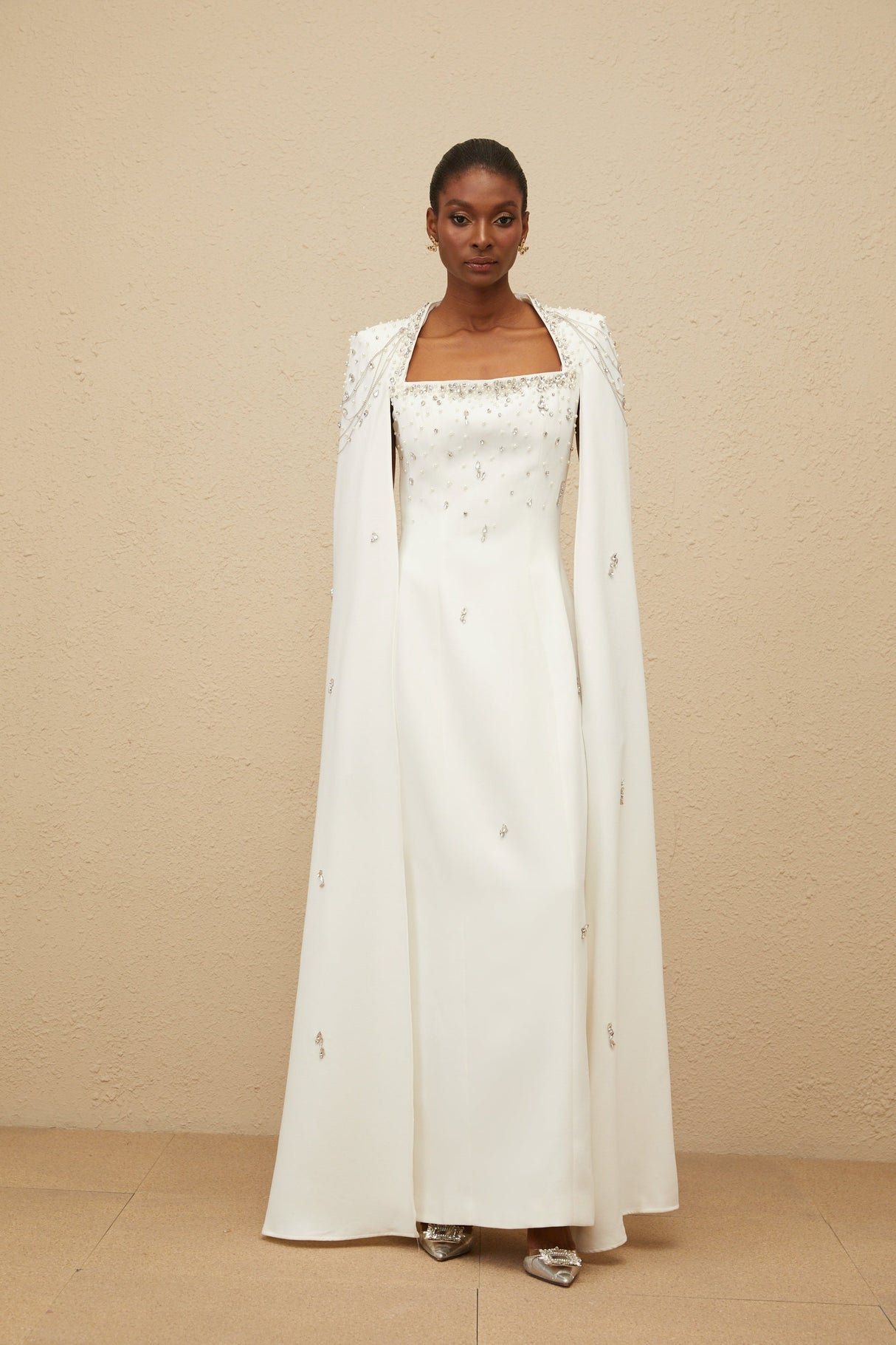 Aurohaya Épuré White Embellished Cape Gown