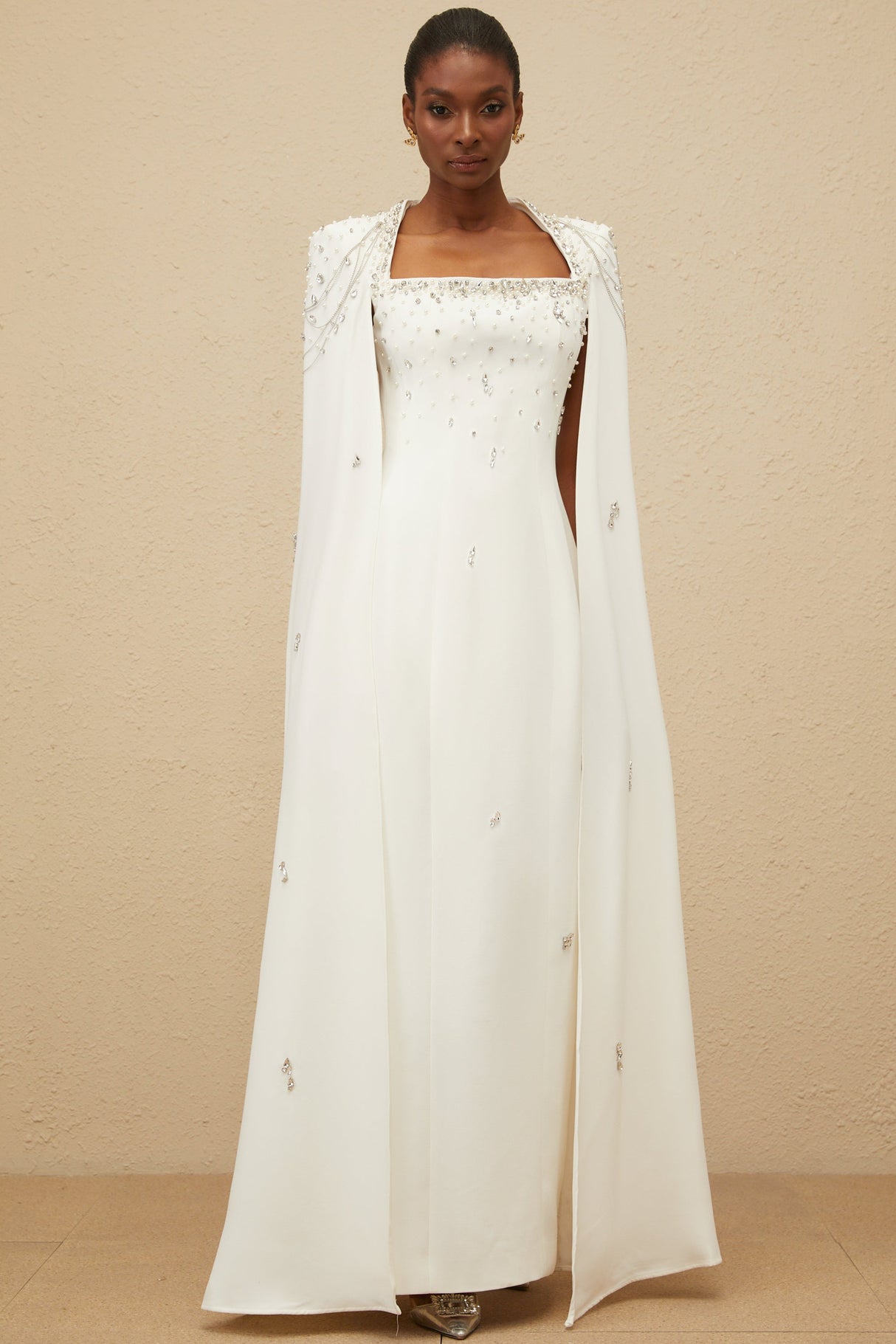 Aurohaya Épuré White Embellished Cape Gown