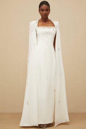 Aurohaya Épuré White Embellished Cape Gown