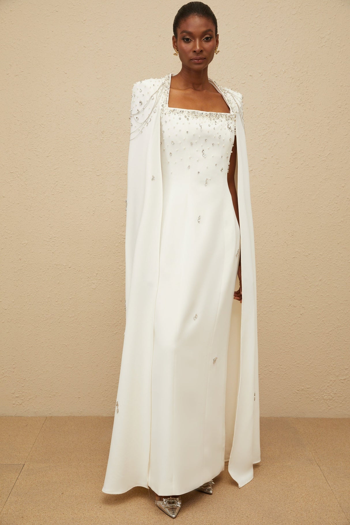 Aurohaya Épuré White Embellished Cape Gown