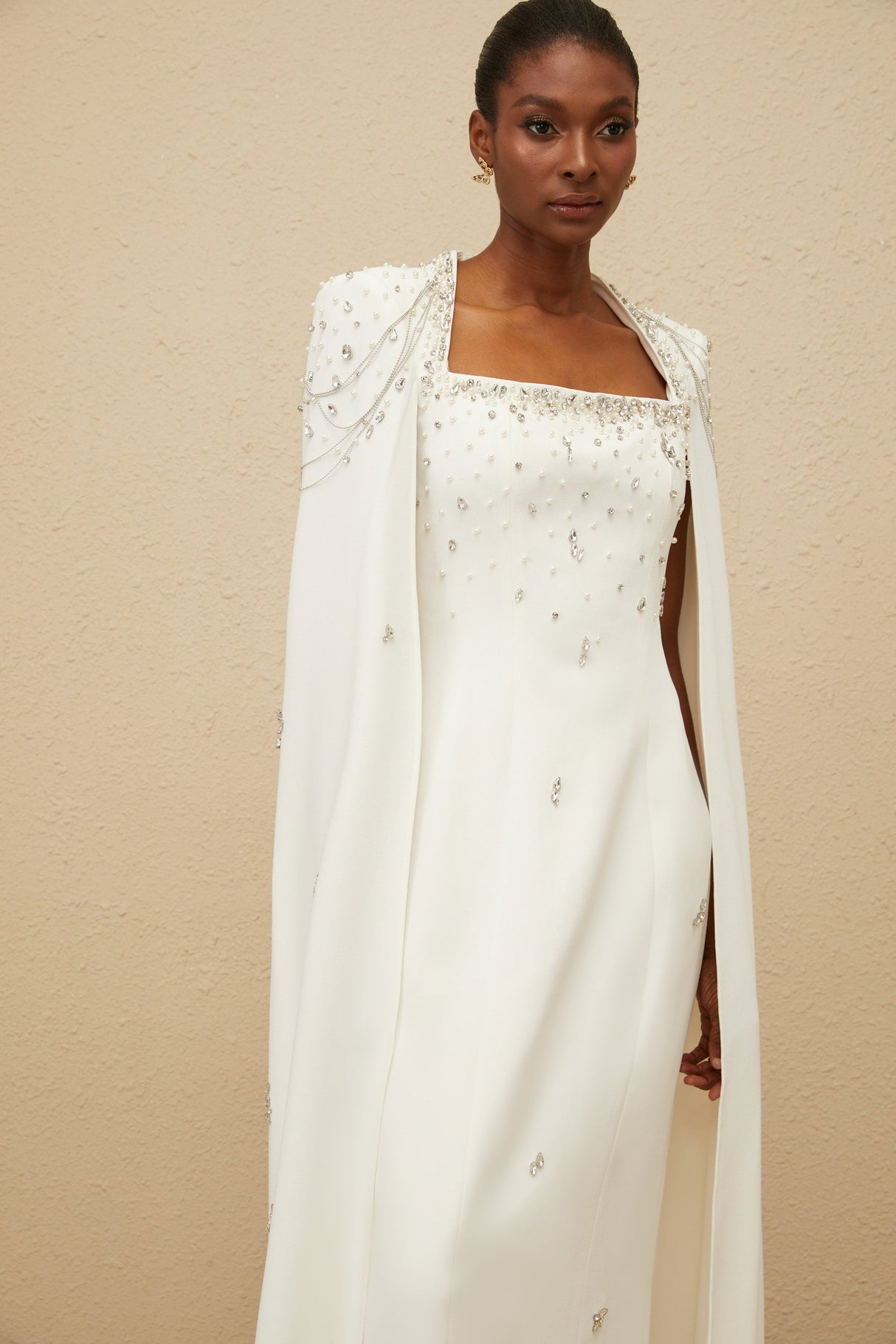 Aurohaya Épuré White Embellished Cape Gown