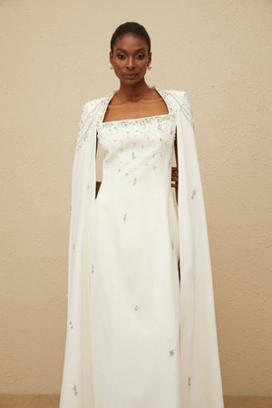 Aurohaya Épuré White Embellished Cape Gown
