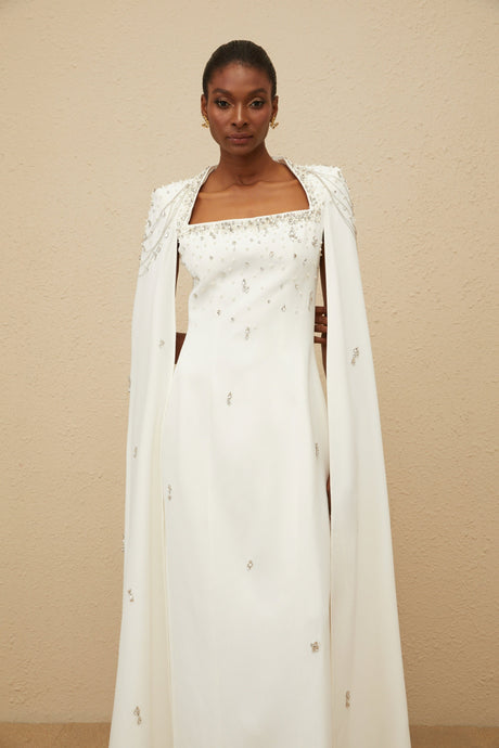 Aurohaya Épuré White Embellished Cape Gown