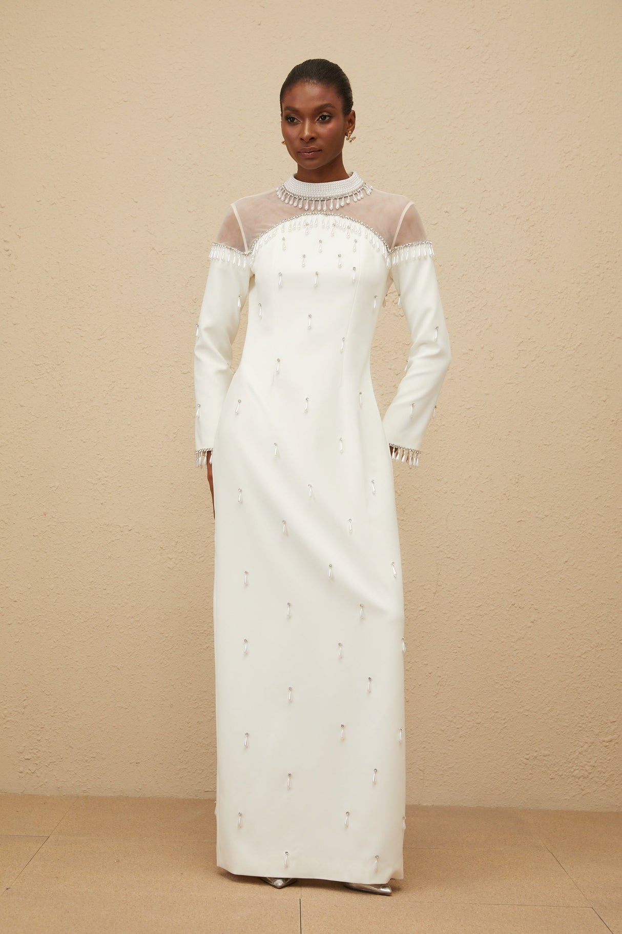 Aurohaya Céline White Embellished Evening Maxi Gown