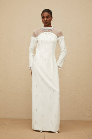 Aurohaya Céline White Embellished Evening Maxi Gown