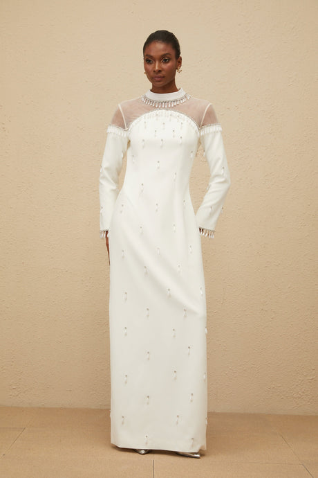 Aurohaya Céline White Embellished Evening Maxi Gown