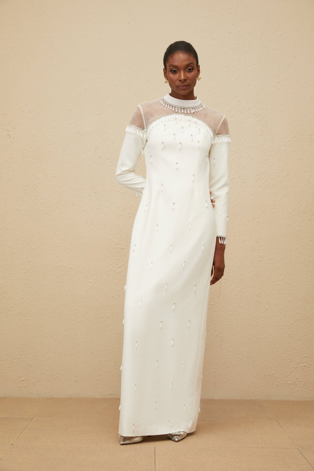 Aurohaya Céline White Embellished Evening Maxi Gown