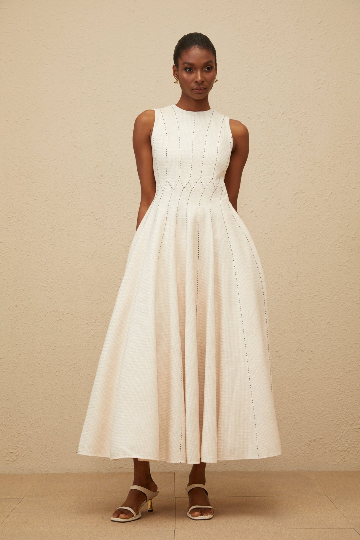 Aurohaya Délicatesse Neutral Shirred Textured Midi Dress