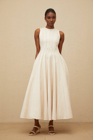 Aurohaya Délicatesse Neutral Shirred Textured Midi Dress