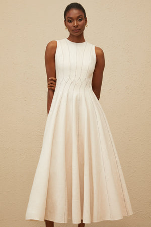 Aurohaya Délicatesse Neutral Shirred Textured Midi Dress