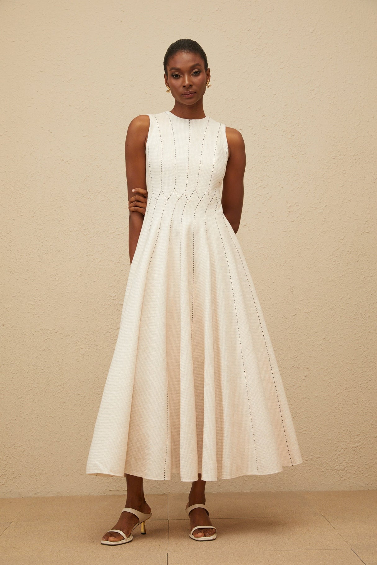Aurohaya Délicatesse Neutral Shirred Textured Midi Dress