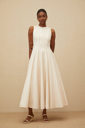 Aurohaya Délicatesse Neutral Shirred Textured Midi Dress