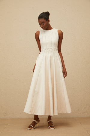 Aurohaya Délicatesse Neutral Shirred Textured Midi Dress