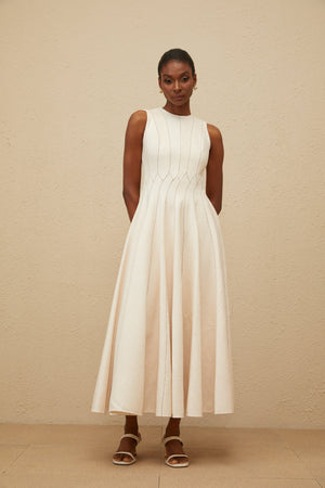 Aurohaya Délicatesse Neutral Shirred Textured Midi Dress