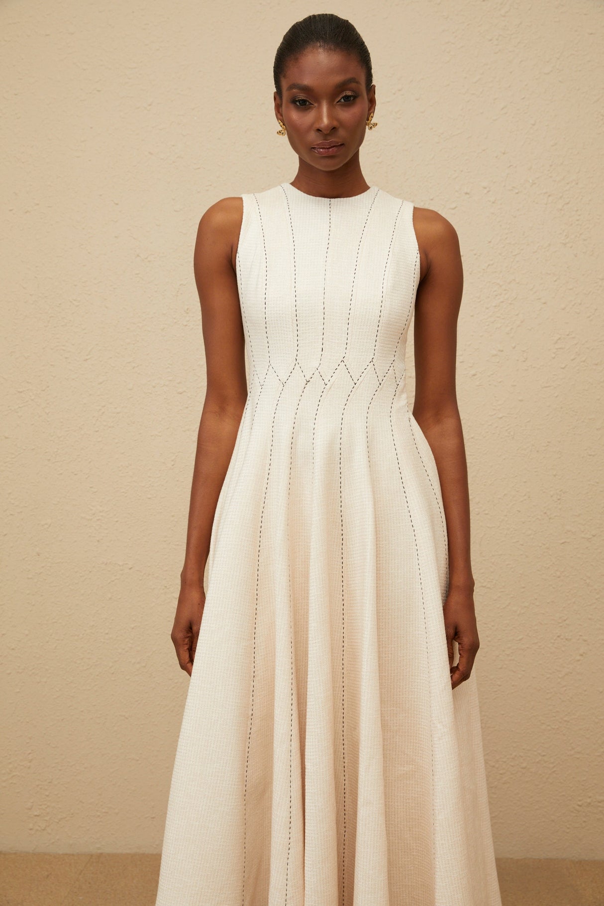 Aurohaya Délicatesse Neutral Shirred Textured Midi Dress