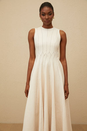 Aurohaya Délicatesse Neutral Shirred Textured Midi Dress