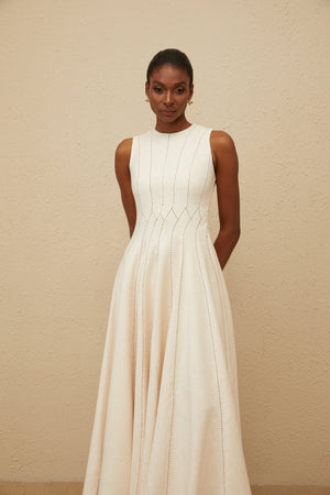 Aurohaya Délicatesse Neutral Shirred Textured Midi Dress
