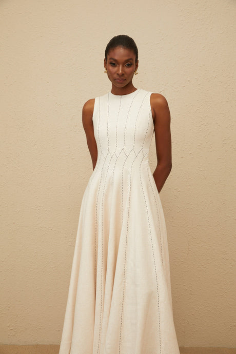 Aurohaya Délicatesse Neutral Shirred Textured Midi Dress
