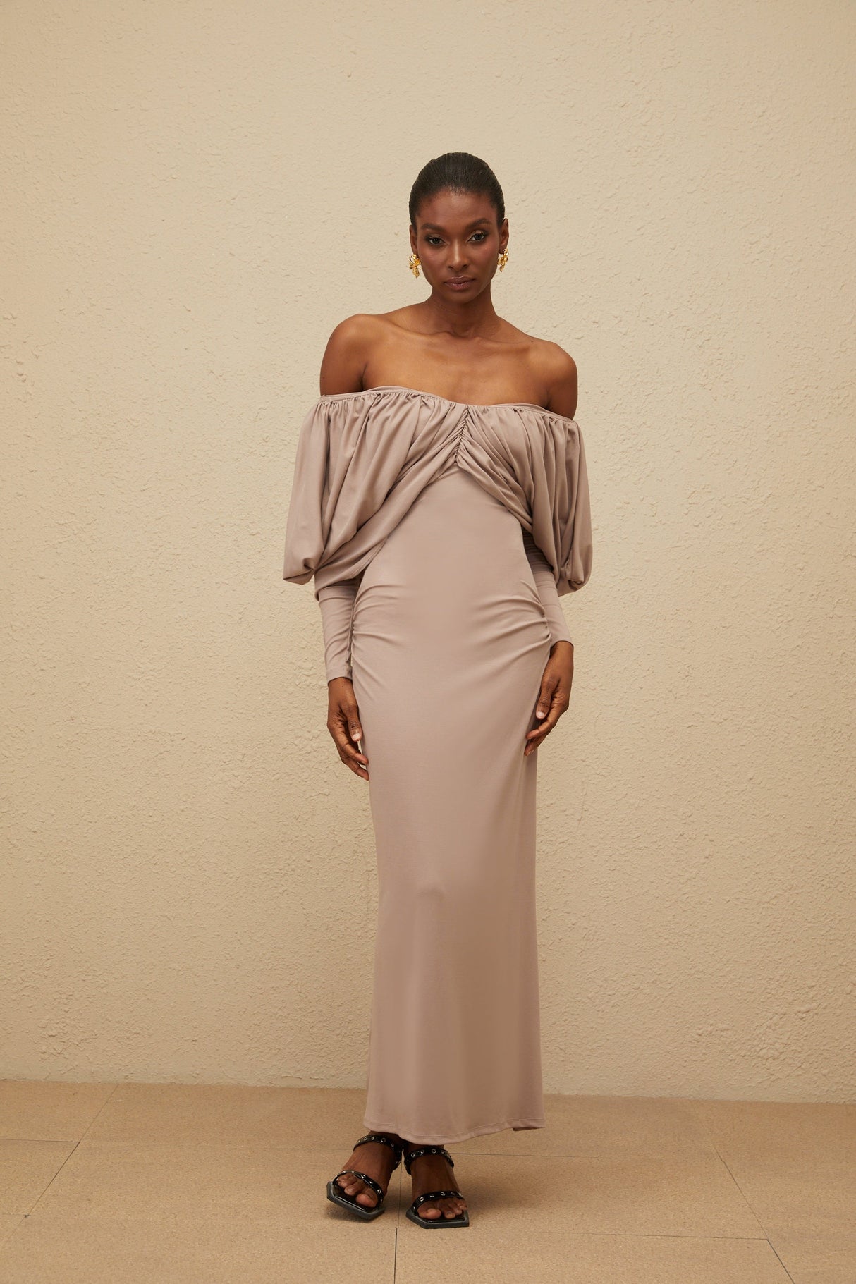 Aurohaya Roxane Grey Ruched Shift Midi Dress
