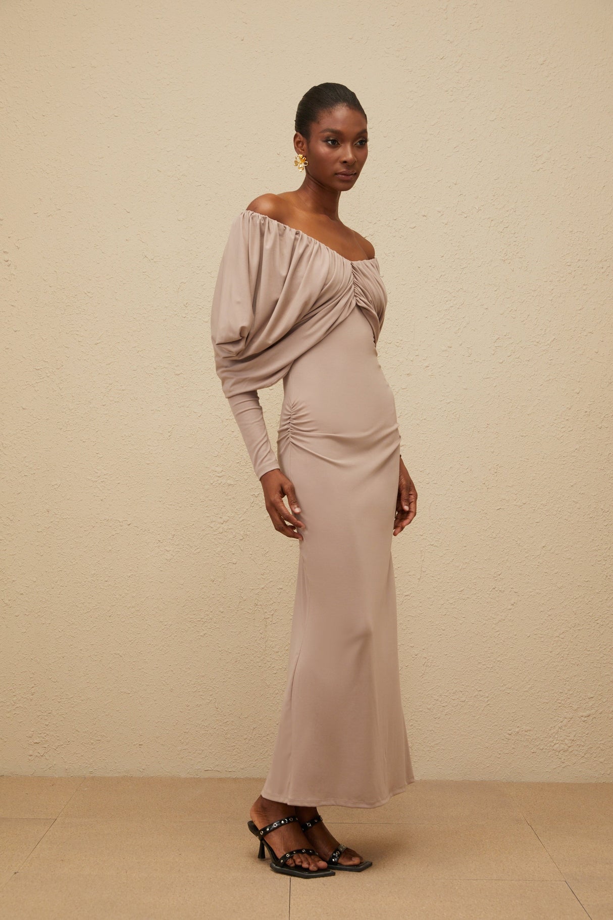 Aurohaya Roxane Grey Ruched Shift Midi Dress