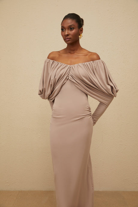 Aurohaya Roxane Grey Ruched Shift Midi Dress