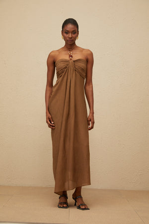 Aurohaya Ludivine Brown Ruched Maxi Dress with Beaded Straps
