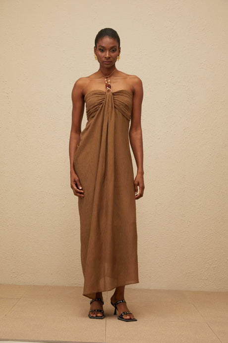 Aurohaya Ludivine Brown Ruched Maxi Dress with Beaded Straps