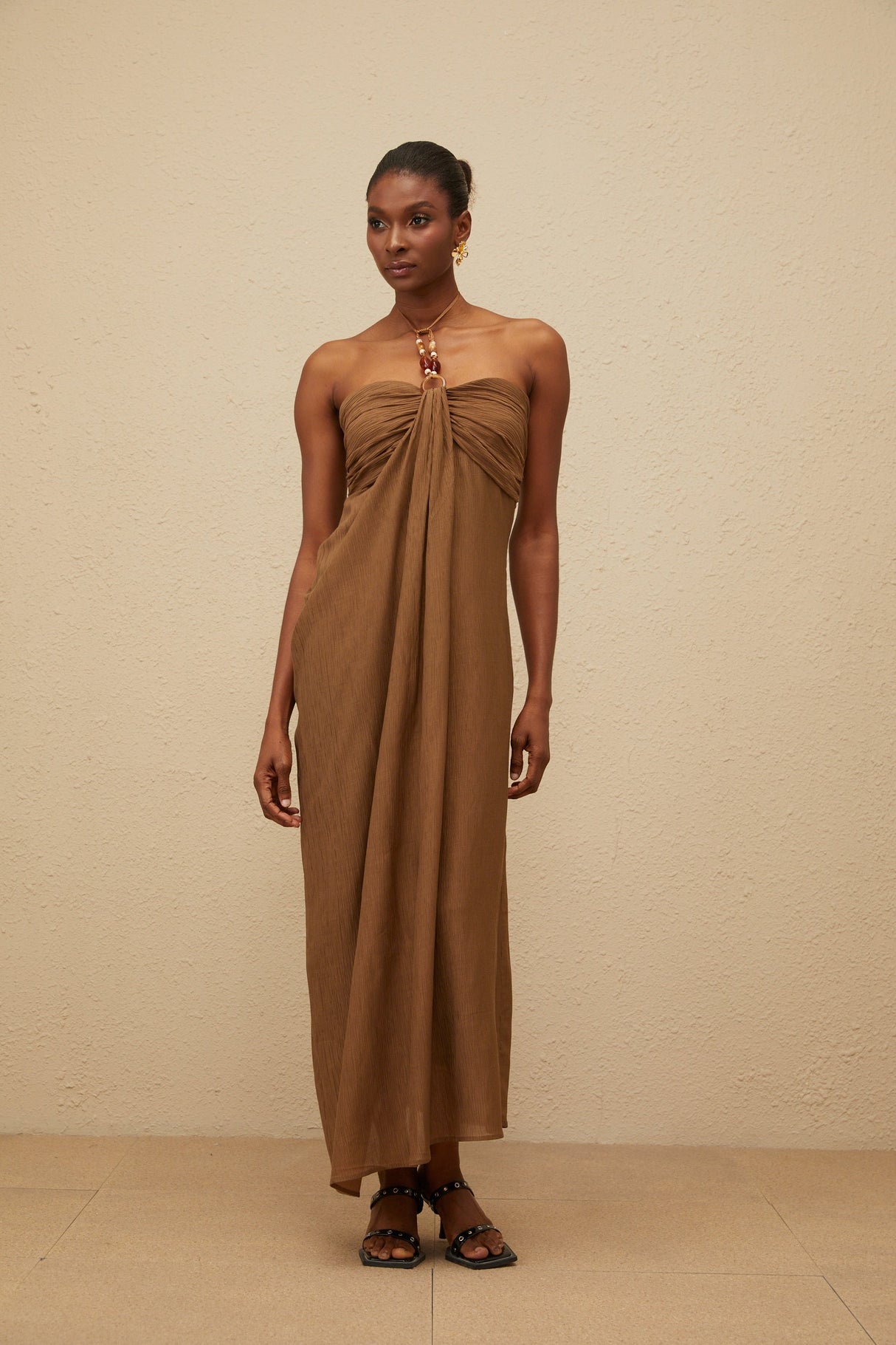 Aurohaya Ludivine Brown Ruched Maxi Dress with Beaded Straps