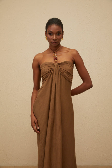 Aurohaya Ludivine Brown Ruched Maxi Dress with Beaded Straps