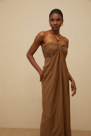 Aurohaya Ludivine Brown Ruched Maxi Dress with Beaded Straps