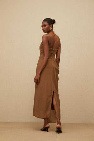 Aurohaya Ludivine Brown Ruched Maxi Dress with Beaded Straps
