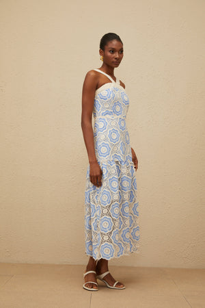 Aurohaya Frivole Blue Crochet Floral Midi Dress