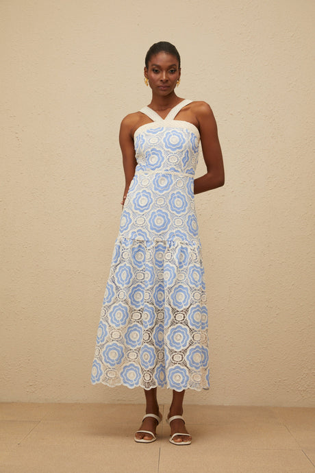 Aurohaya Frivole Blue Crochet Floral Midi Dress