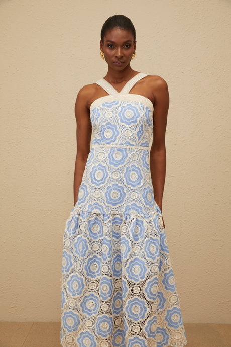 Aurohaya Frivole Blue Crochet Floral Midi Dress