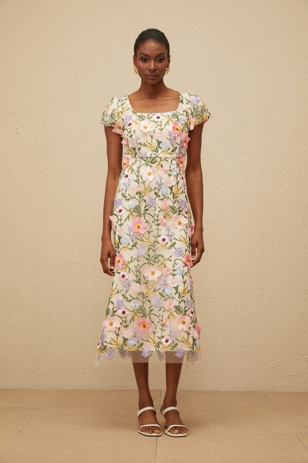 Aurohaya Enjouée Neutral Floral Embroidered Midi Dress