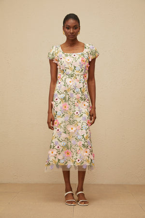 Aurohaya Enjouée Neutral Floral Embroidered Midi Dress