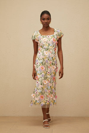 Aurohaya Enjouée Neutral Floral Embroidered Midi Dress