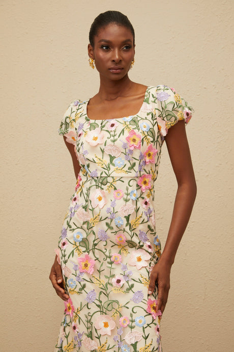 Aurohaya Enjouée Neutral Floral Embroidered Midi Dress