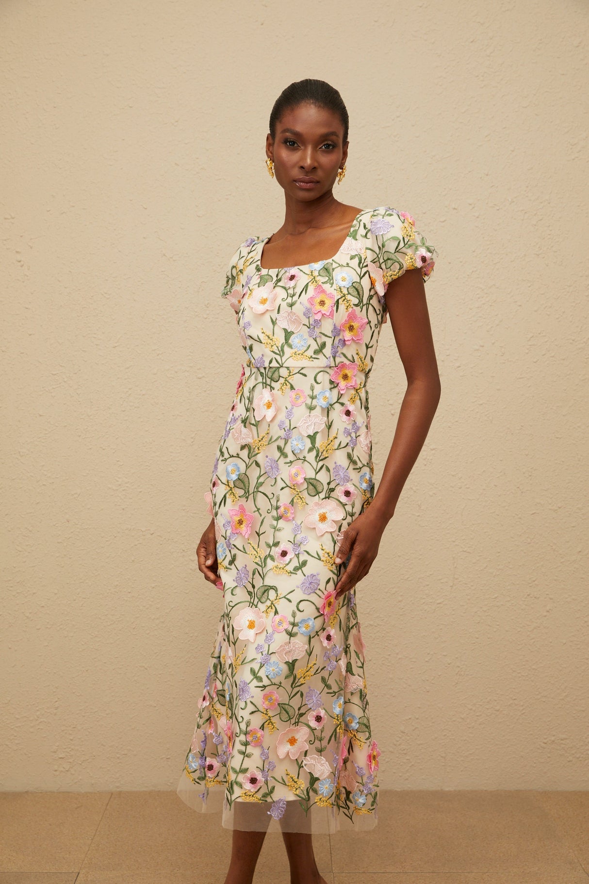 Aurohaya Enjouée Neutral Floral Embroidered Midi Dress