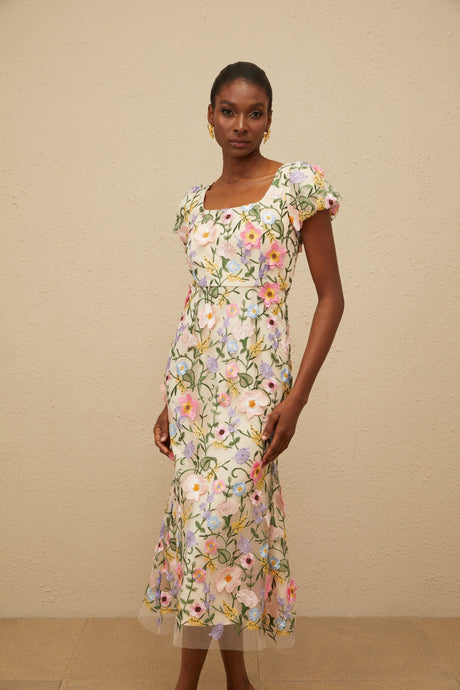 Aurohaya Enjouée Neutral Floral Embroidered Midi Dress