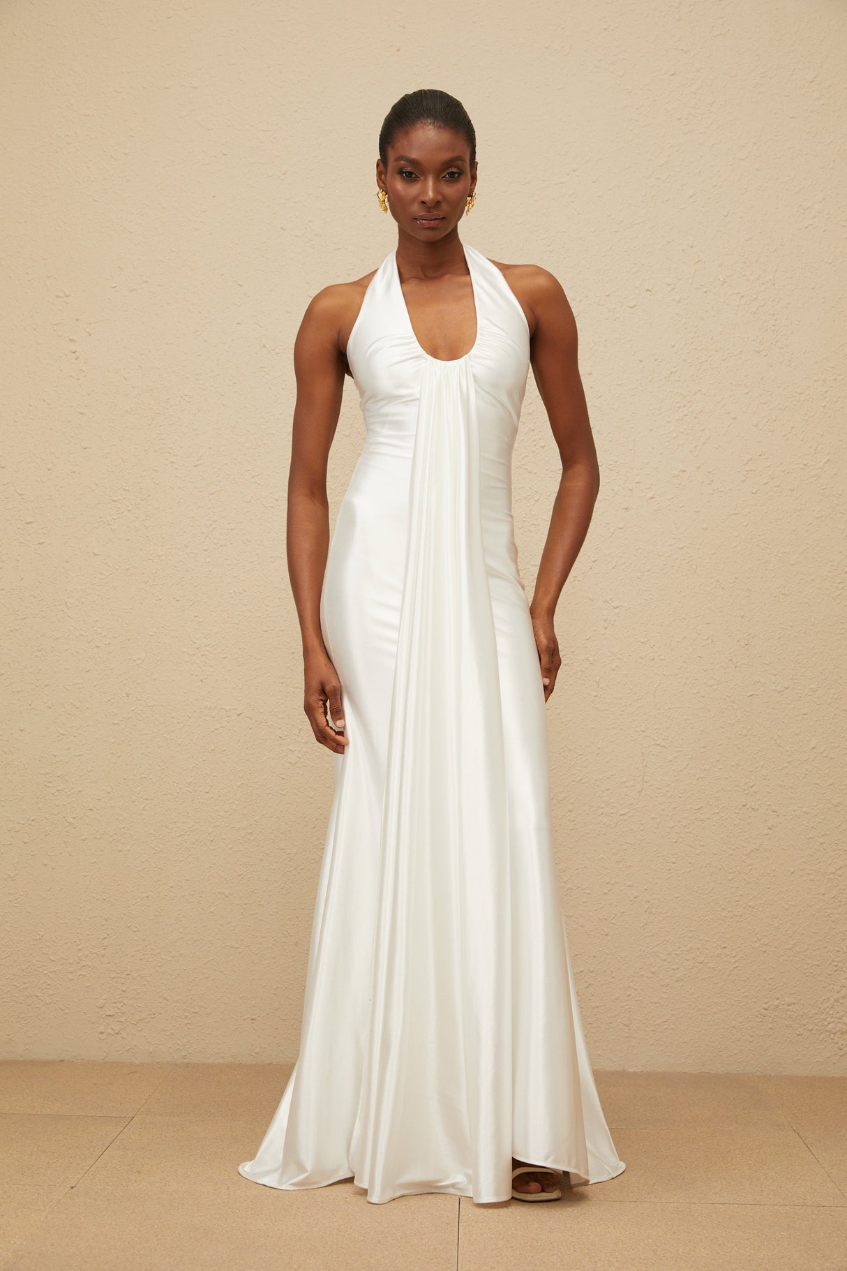 Aurohaya Céleste White Ruched Satin Maxi Dress