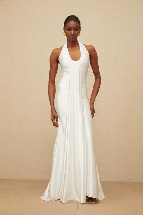 Aurohaya Céleste White Ruched Satin Maxi Dress