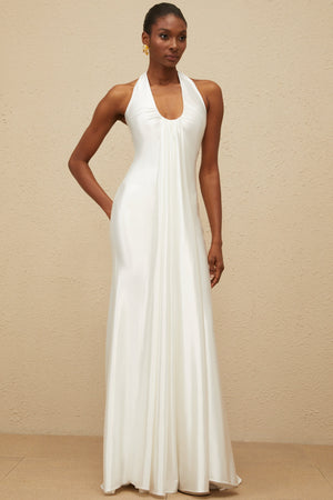 Aurohaya Céleste White Ruched Satin Maxi Dress