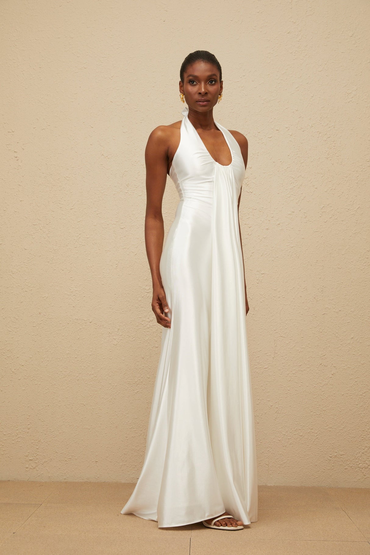Aurohaya Céleste White Ruched Satin Maxi Dress