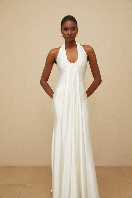 Aurohaya Céleste White Ruched Satin Maxi Dress