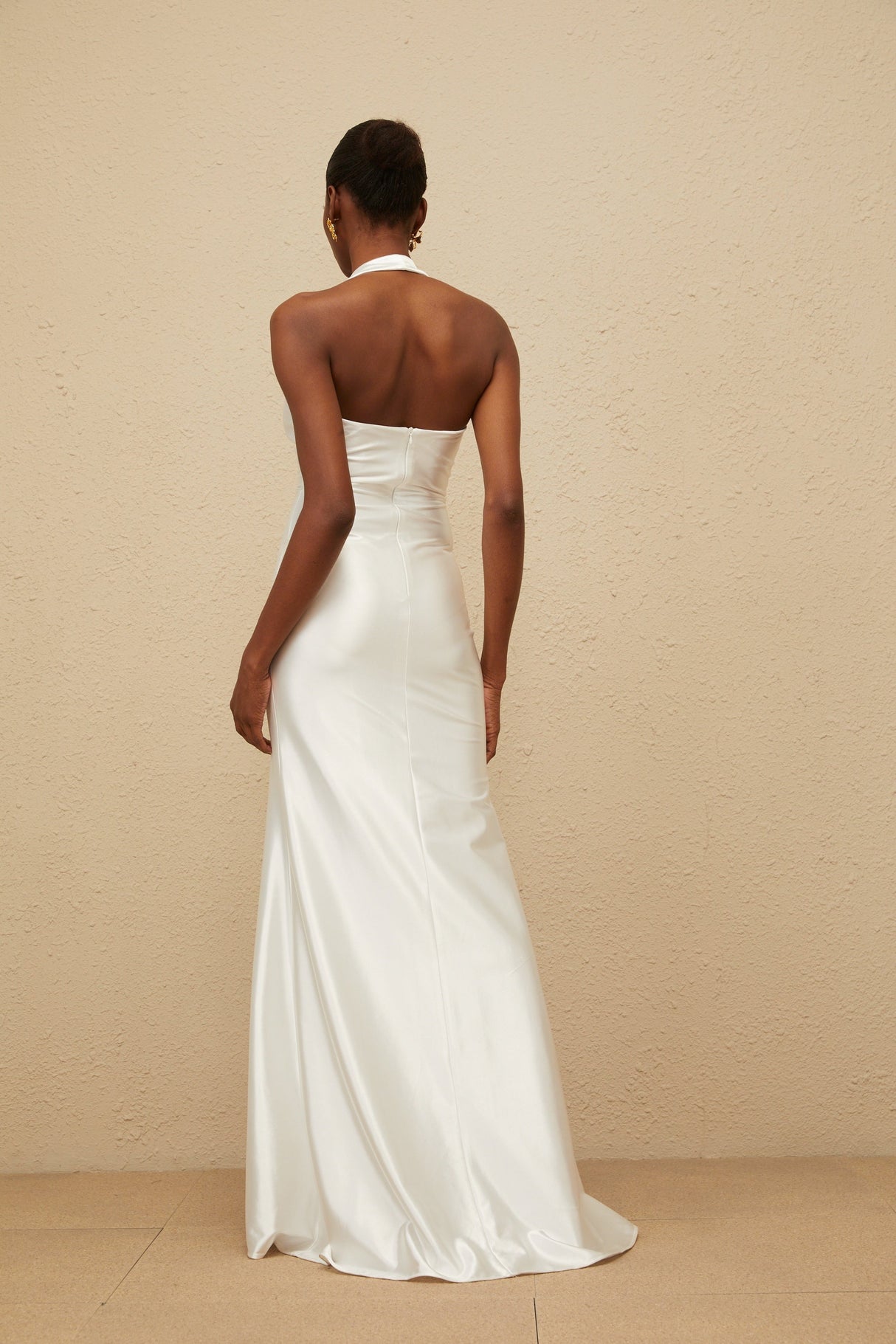 Aurohaya Céleste White Ruched Satin Maxi Dress