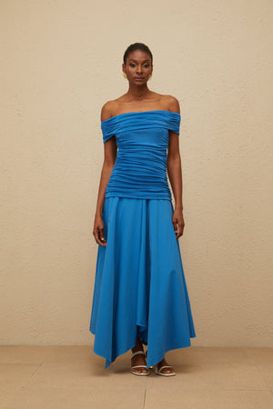 Aurohaya Amélie Blue Off-Shoulder Ruched Maxi Dress